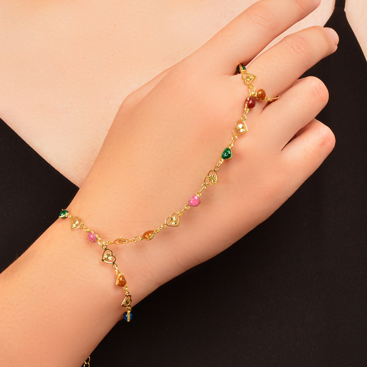Colorful Heart Gold Chain Ring Wrist Finger Slave Bracelet Bangle Hand Jewellery-0