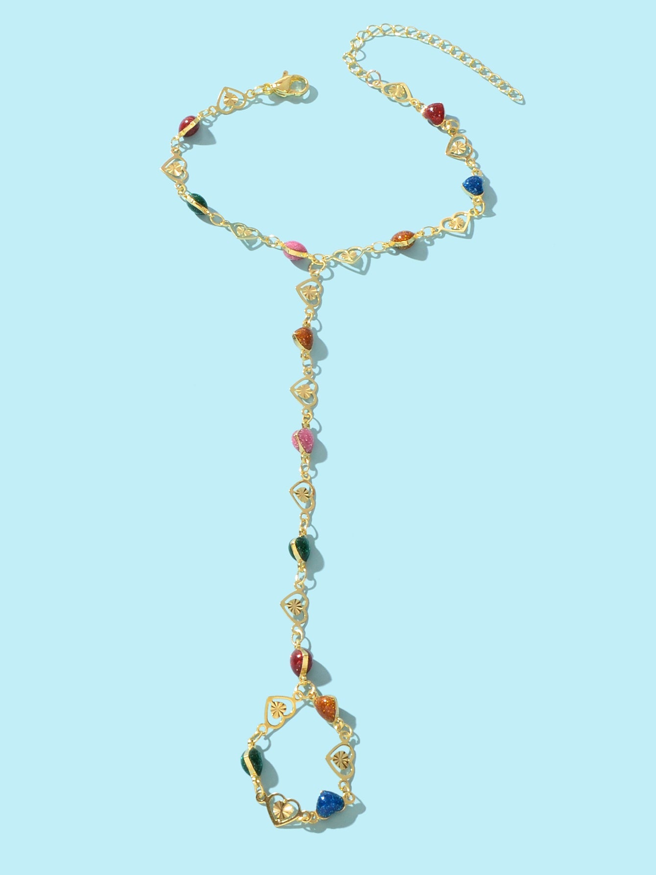 Colorful Heart Gold Chain Ring Wrist Finger Slave Bracelet Bangle Hand Jewellery-1